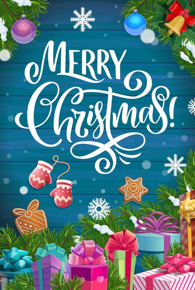 Christmas tree with Xmas gifts on wood background vector