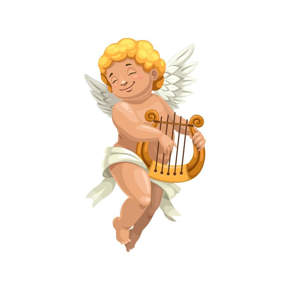 Cupid winged boy playing on harp isolated vector