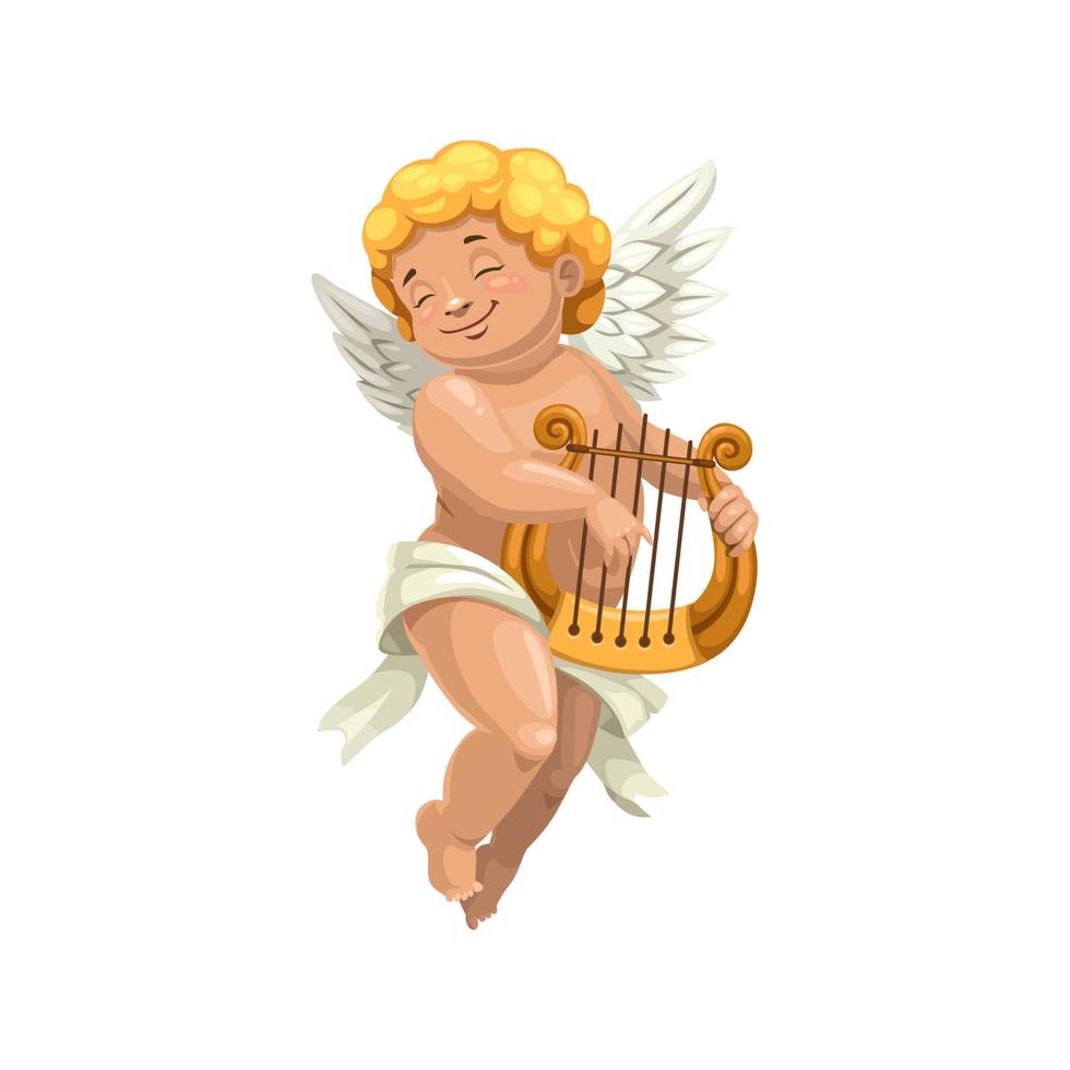 cupido, niño alado, juego, en, arpa, aislado vector