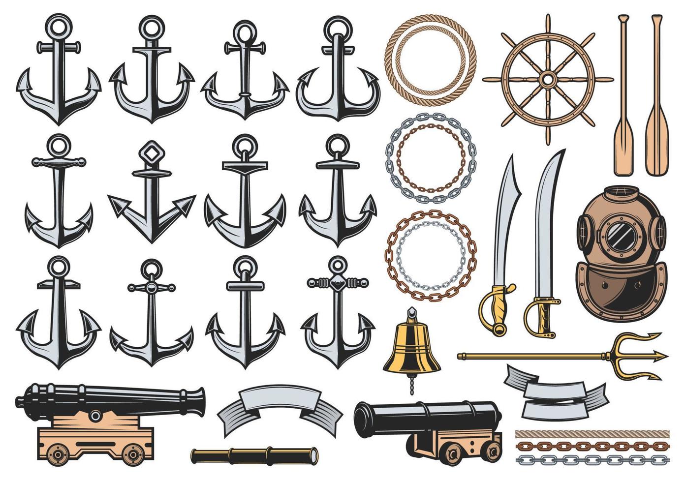 Nautical anchors, helm, ropes, chains and cannon vector