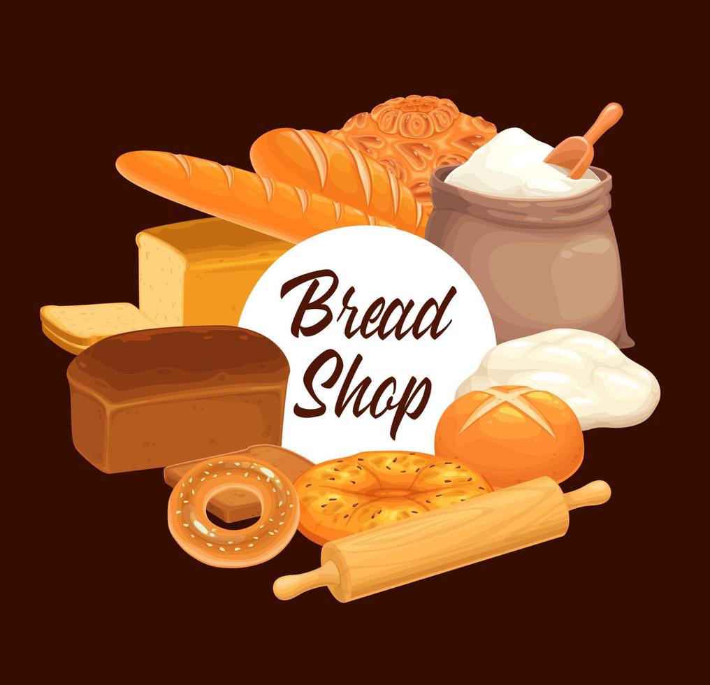 Bakery shop wheat bread, dough and flour bag vector