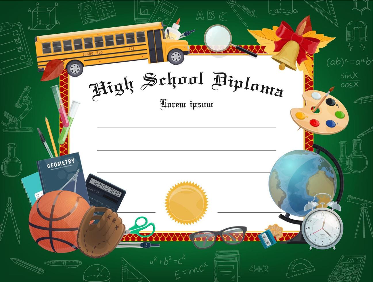 School diploma certificate vector template