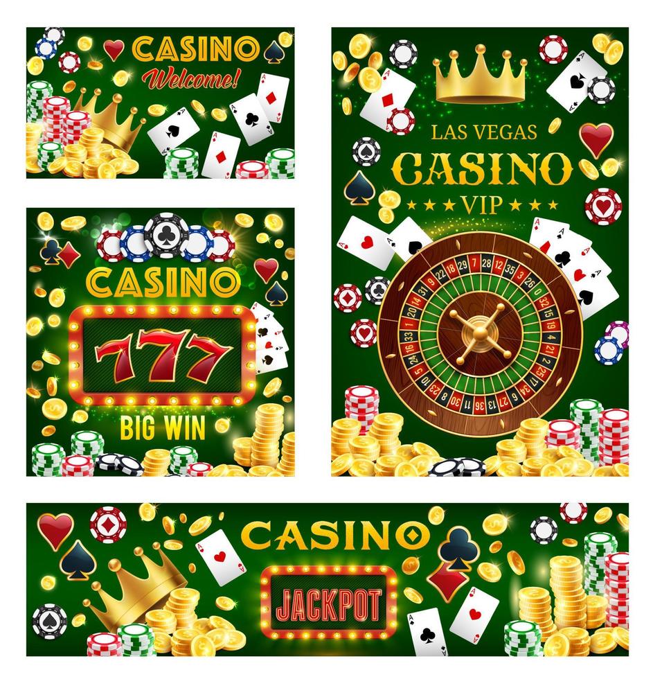 Casino gambling game, poker, chips, fortune wheel vector