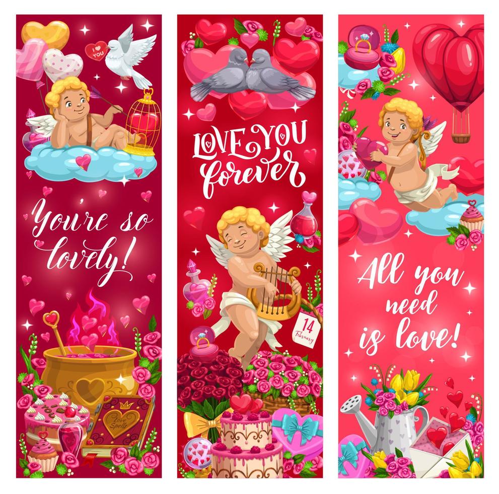 Cupids, red hearts and Valentines Day love gifts vector