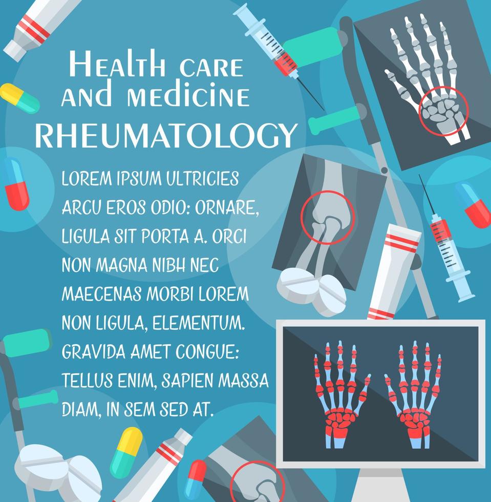 póster de reumatología con radiografía de huesos y articulaciones vector