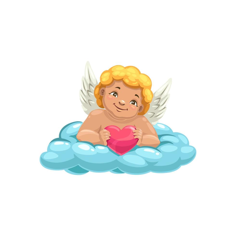 Smiling Cupid, winged boy on cloud, heart vector