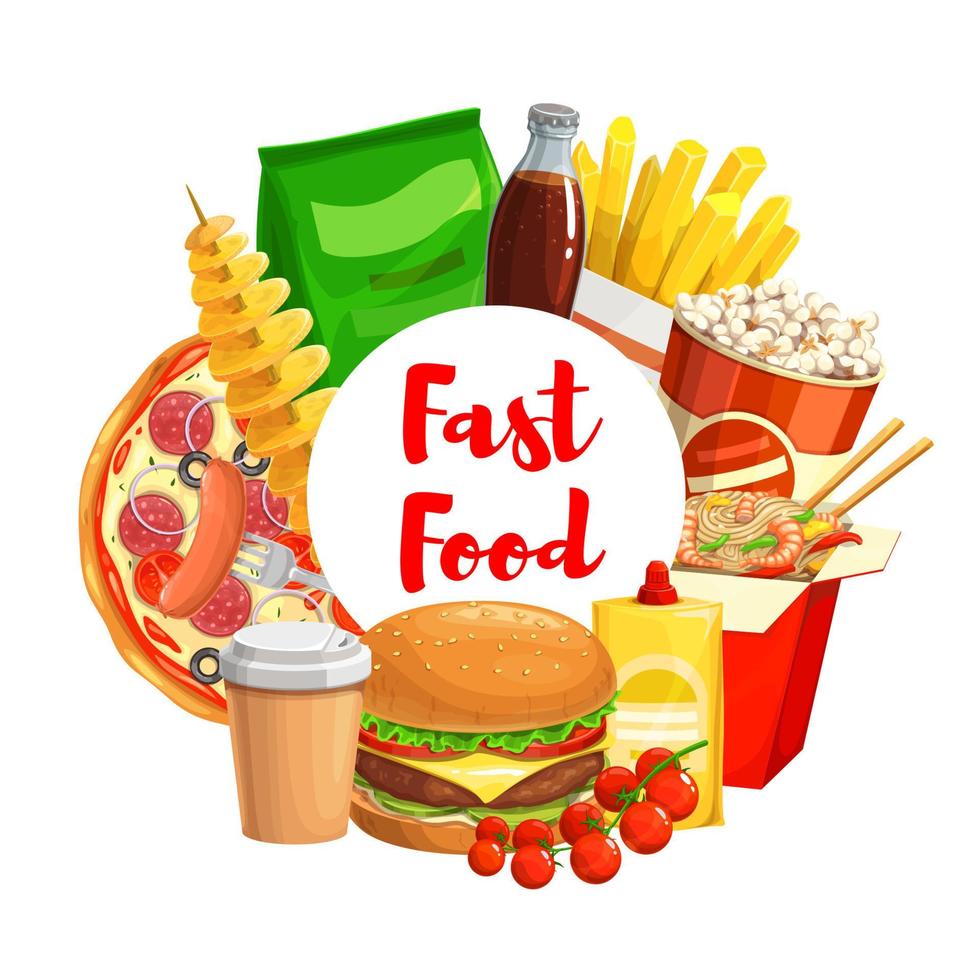 Fastfood, takeaway junk food and drinks vector