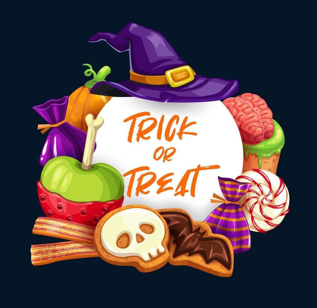 Halloween pumpkins, witch hat, sweets and candies vector
