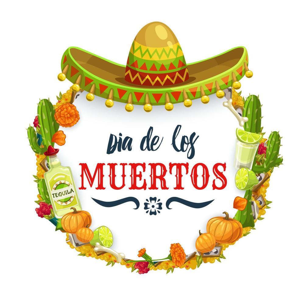 dia de los muertos sombrero mexicano y tequila vector