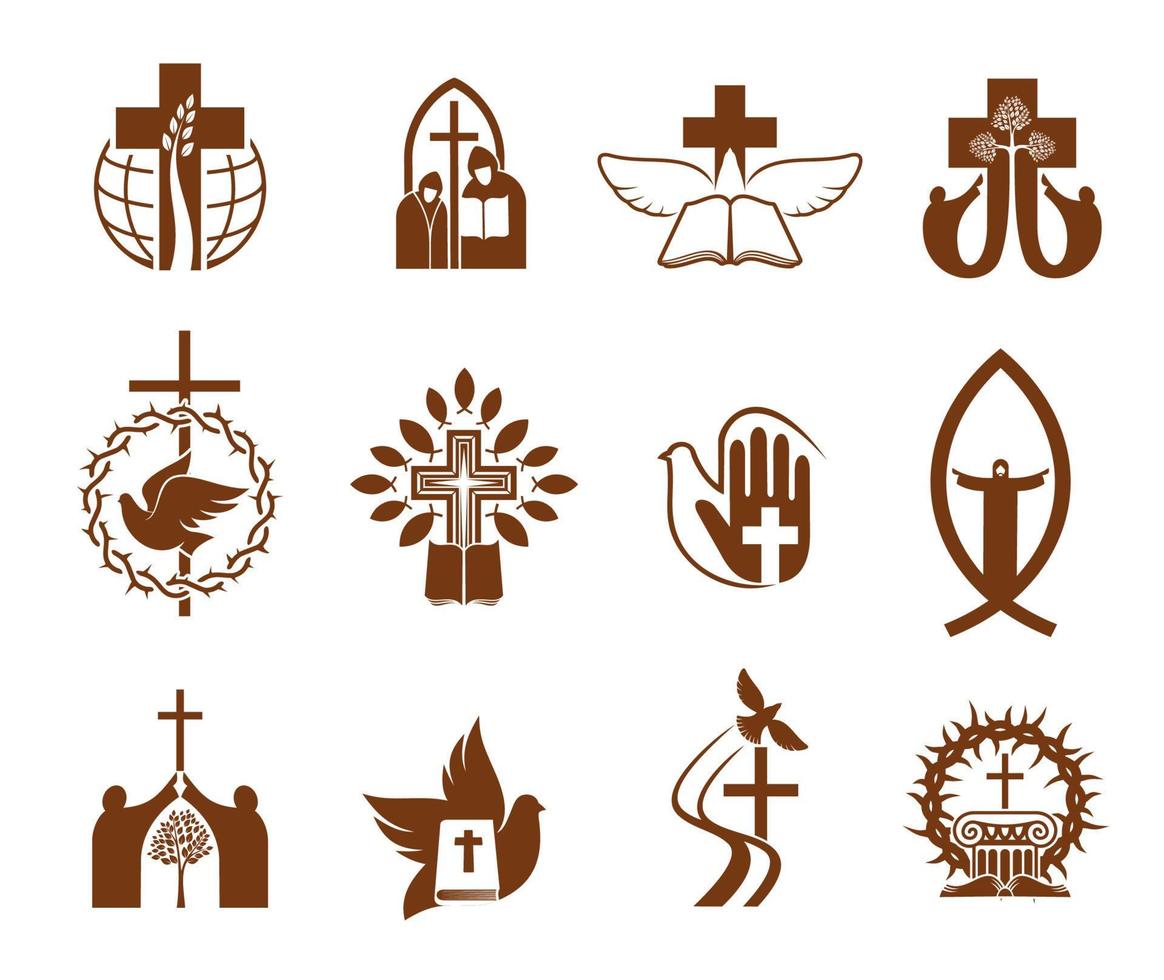 Christian religion Jesus cross, bible, dove icons vector