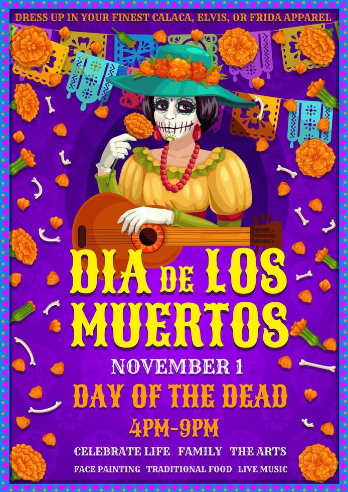 fiesta mexicana dia de los muertos, mujer frida vector