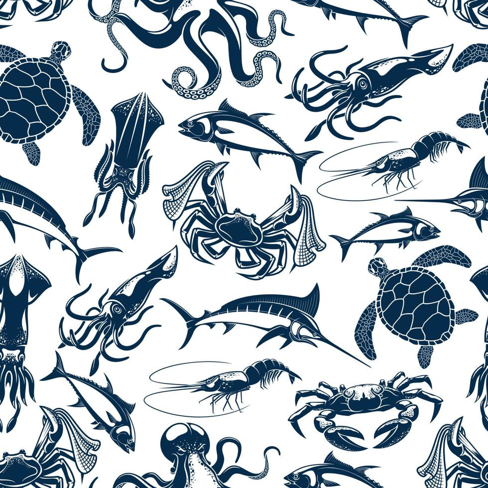 Fish, sea animals and seafood seamless pattern vector