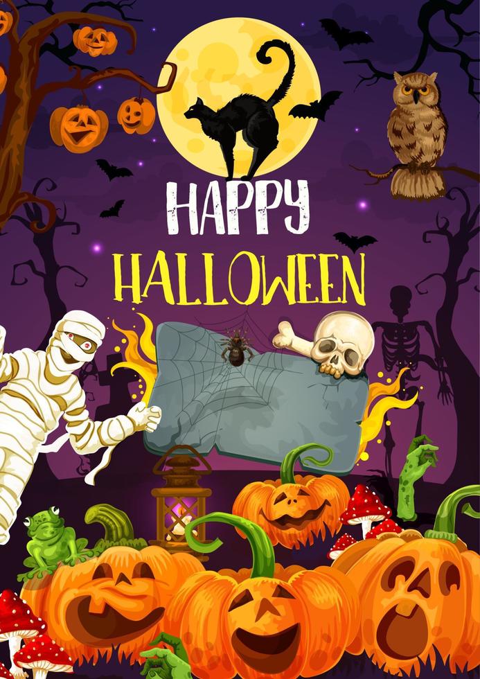 Halloween pumpkin, monsters and mummy at cemetery vector