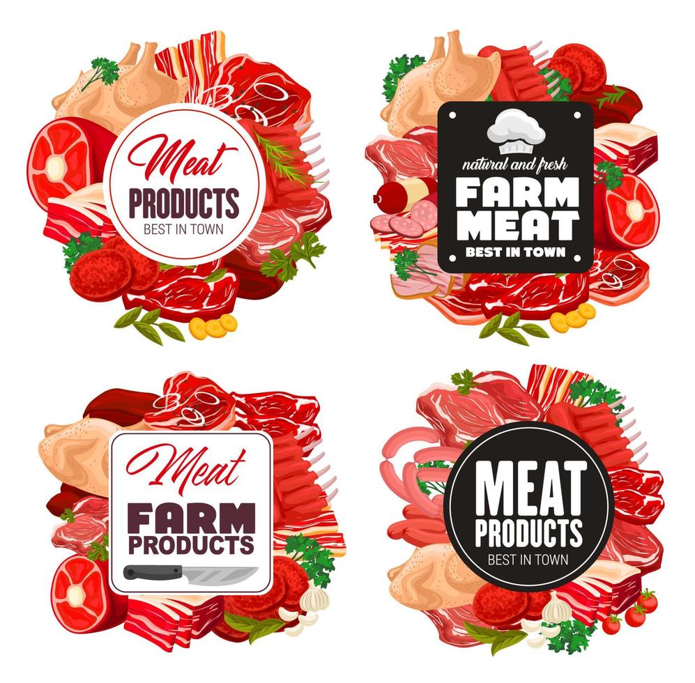 Butcher shop meat and sausage, beef, pork frame vector
