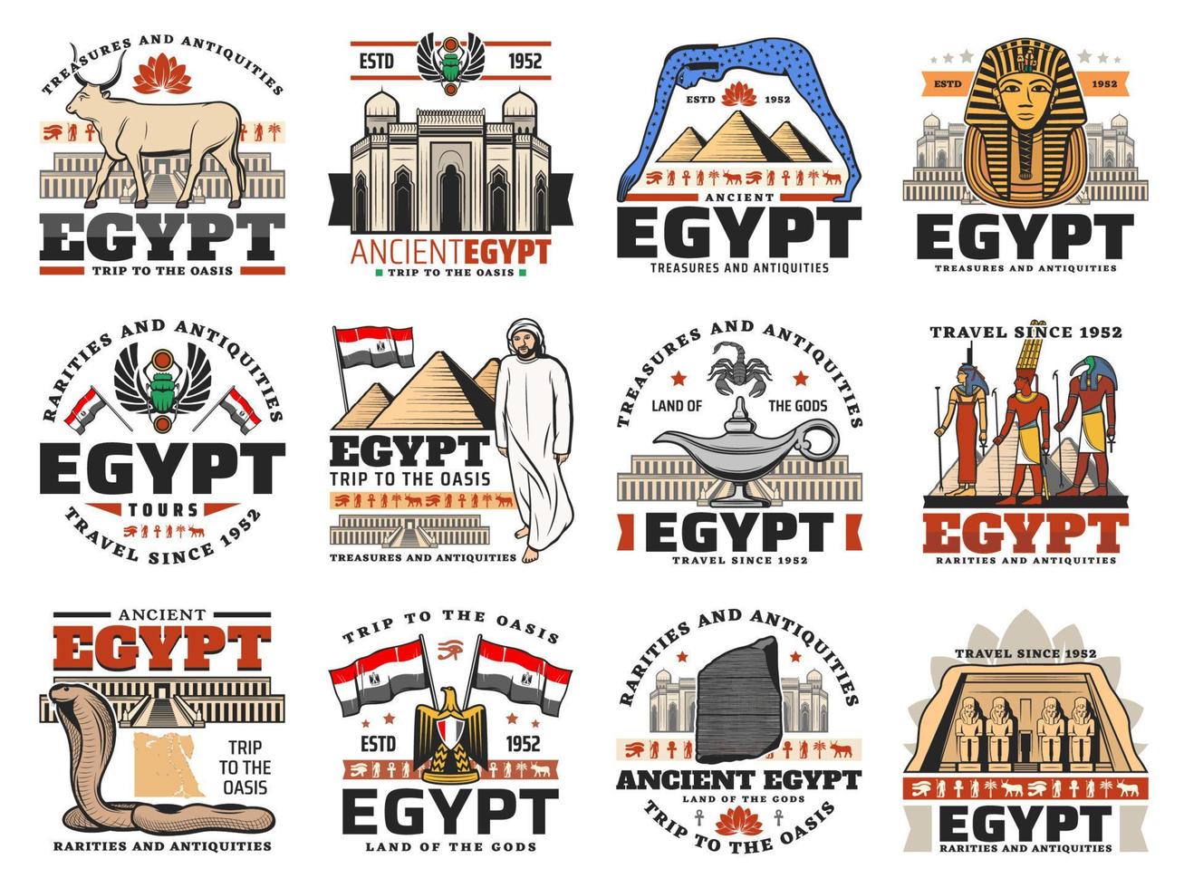 Ancient Egypt pyramid, god, map and flag icons vector