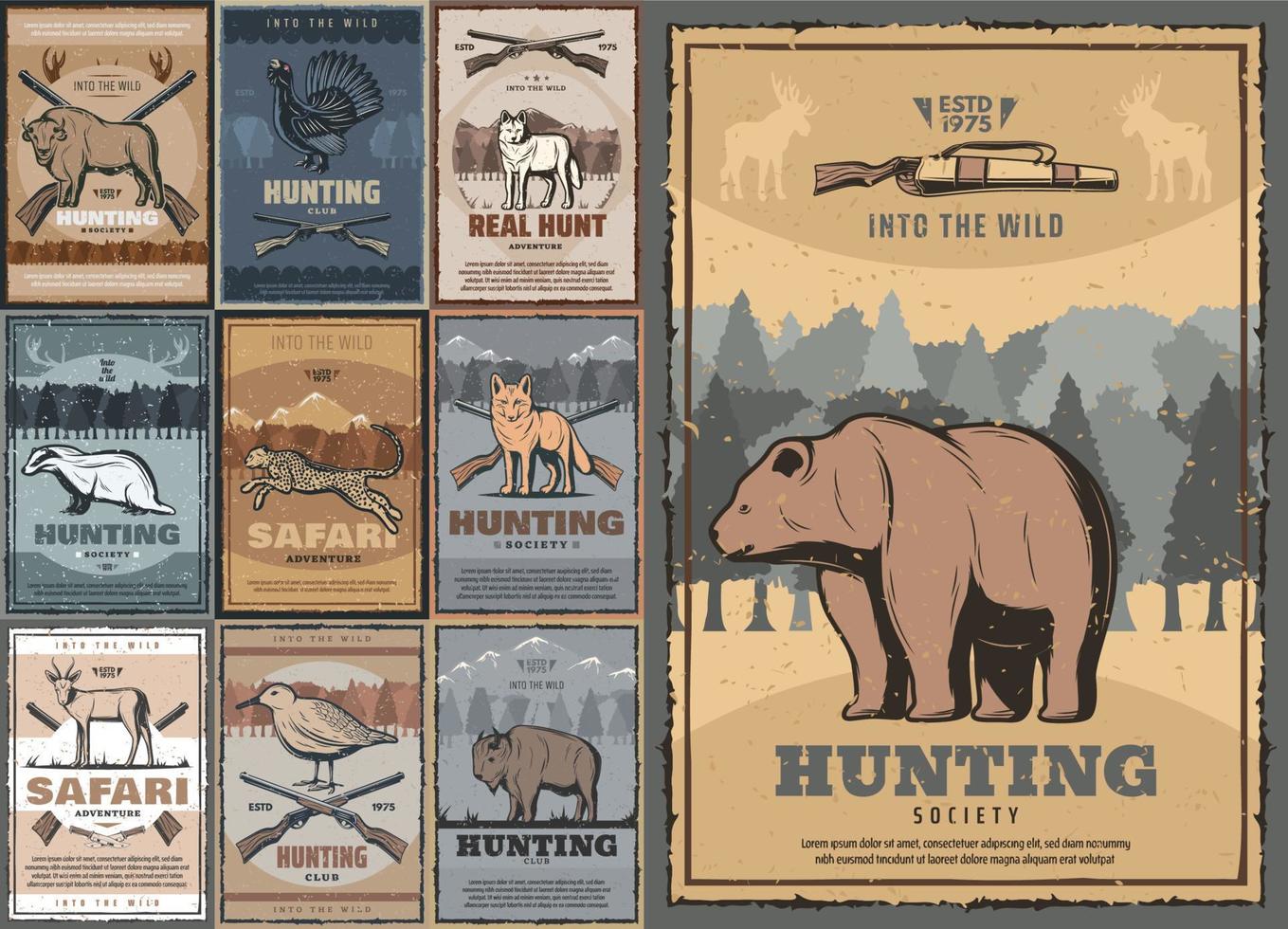 Hunting sport hunting club retro posters vector
