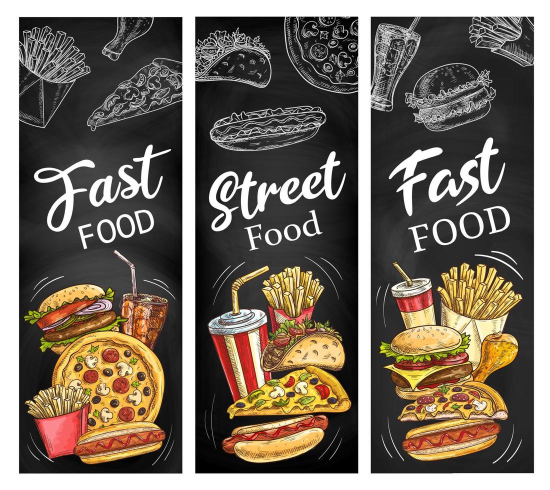 Fast food burgers, hot dogs, soda drink and pizza vector