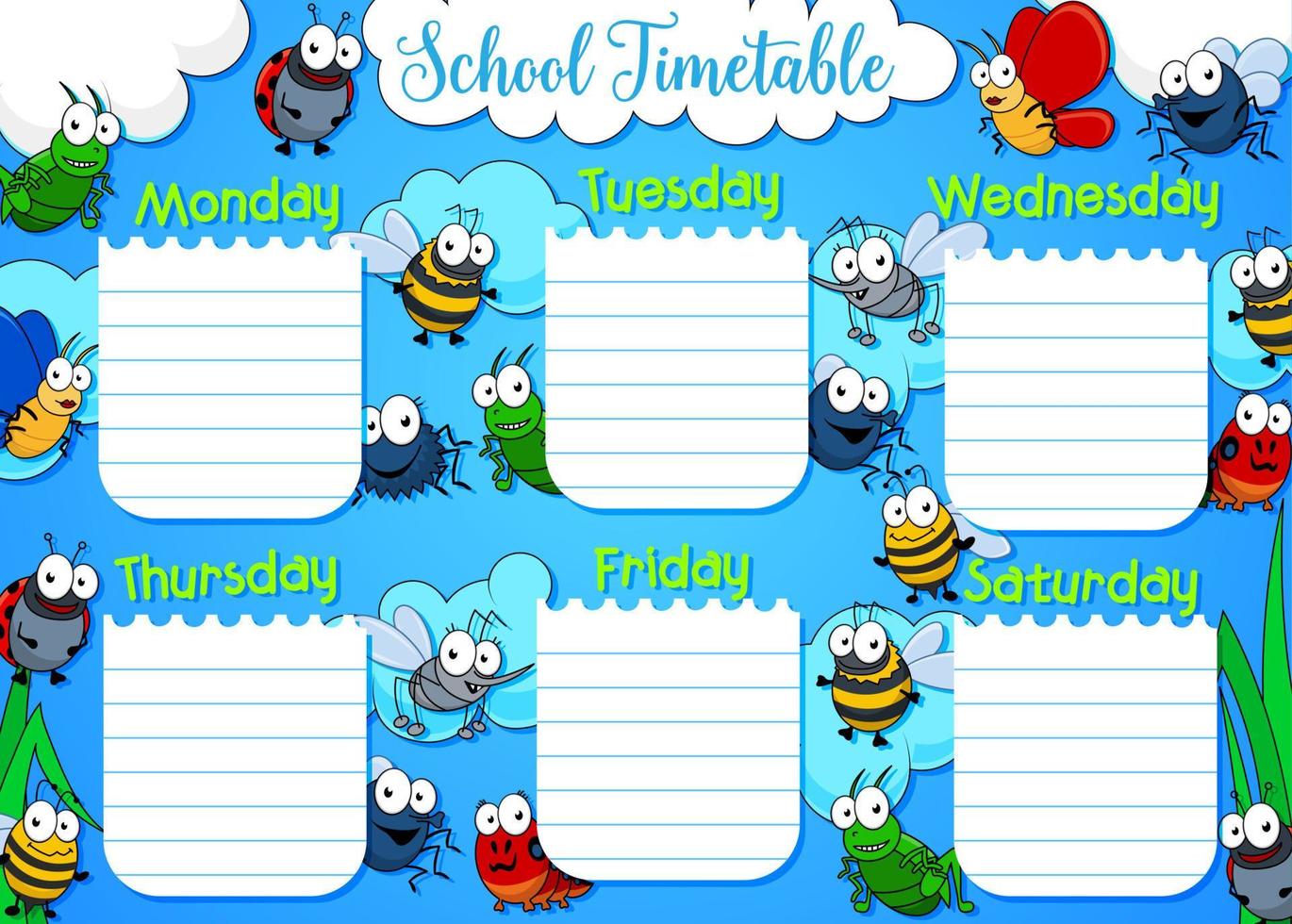 School timetable week schedule, cartoon insects vector