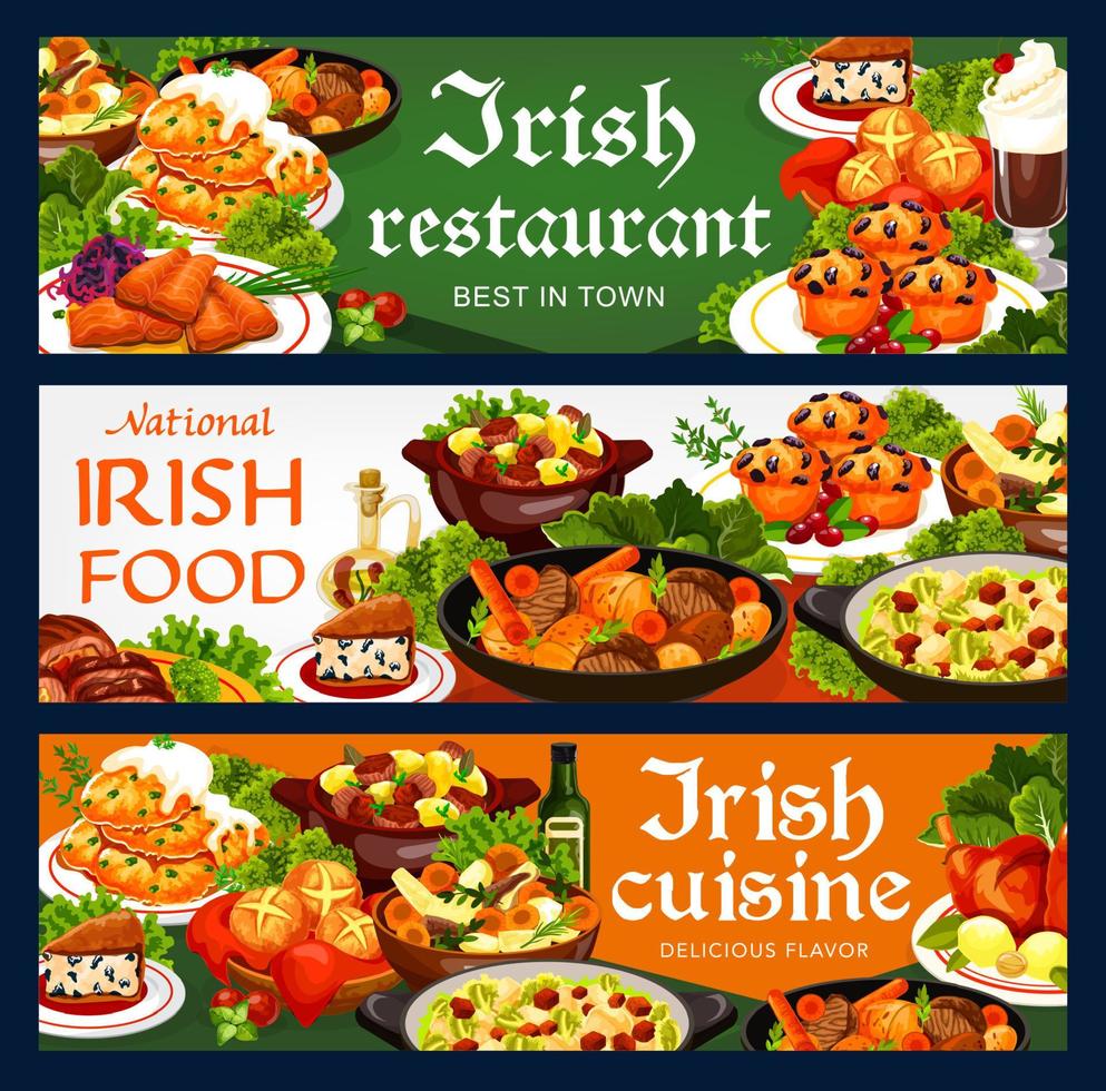 Irish cuisine meat, vegetable, fish, food banners vector