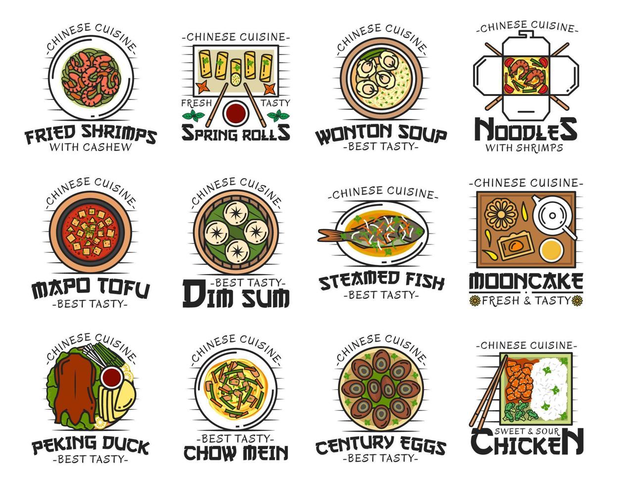 comida de la cocina china, platos nacionales aislados. vector