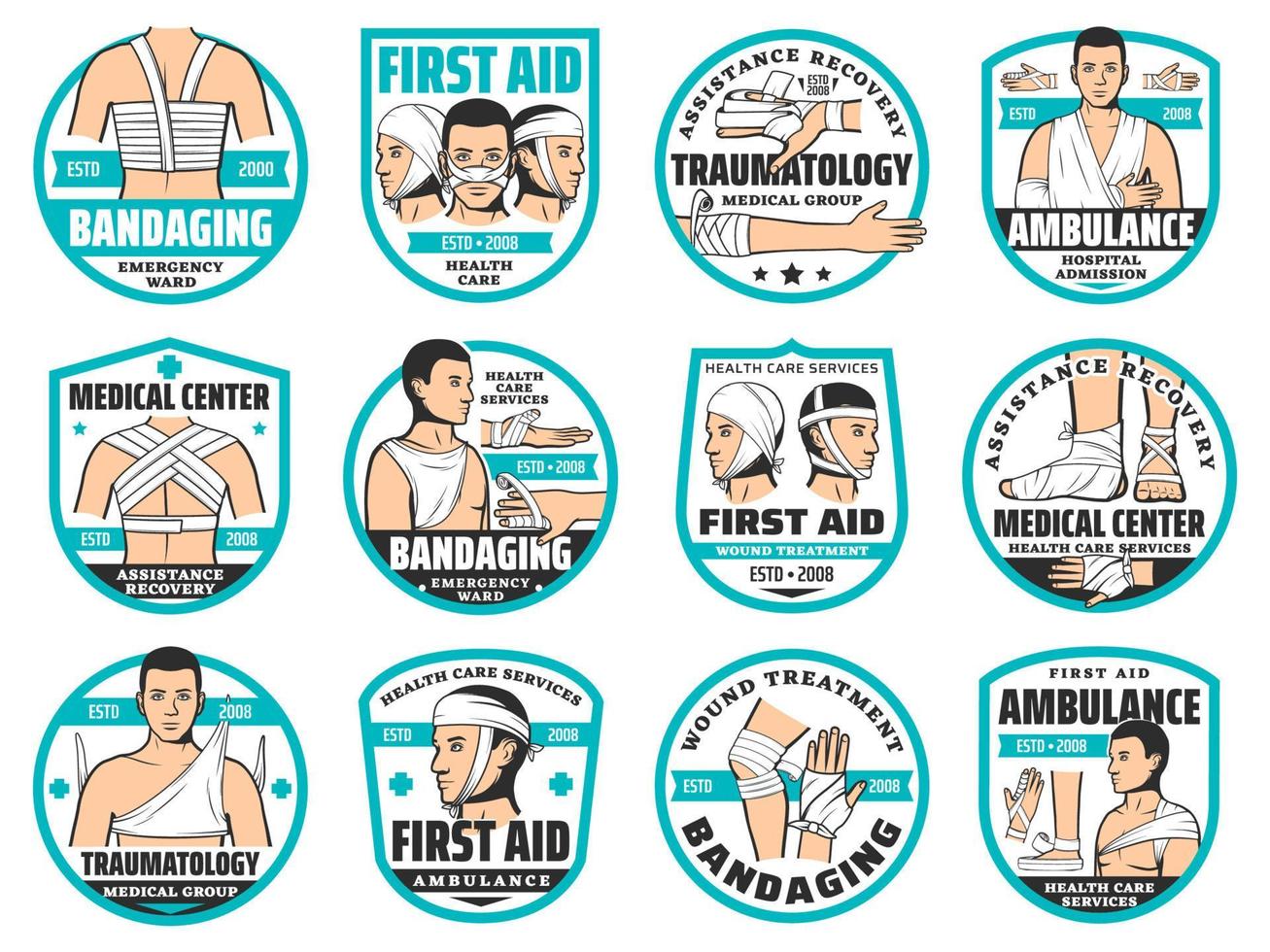 First aid, bandage, traumatology emergency icons vector