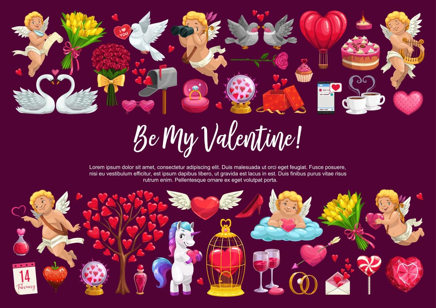 sé mi san valentín, corazones de amor y ángeles de cupido vector