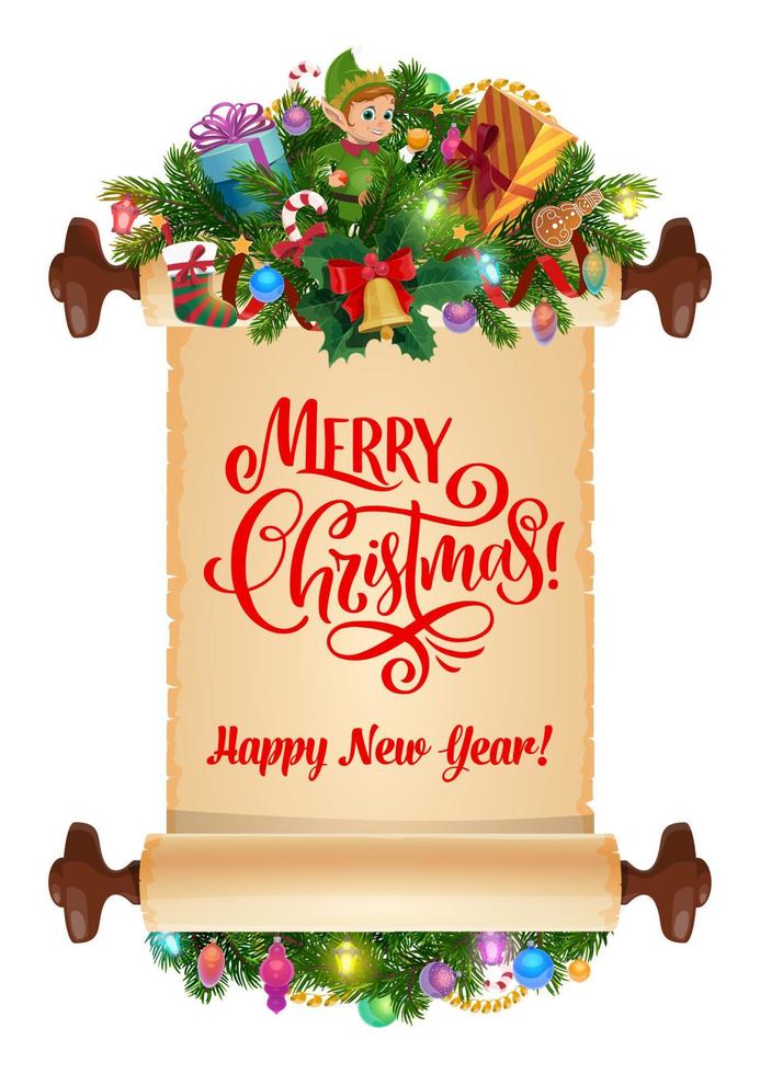 Christmas tree, Xmas gifts and elf with old scroll vector