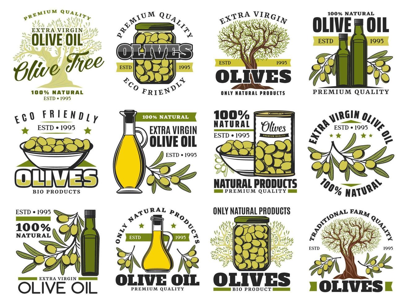 Olive oil bottle, green fruit, tree branch icons vector