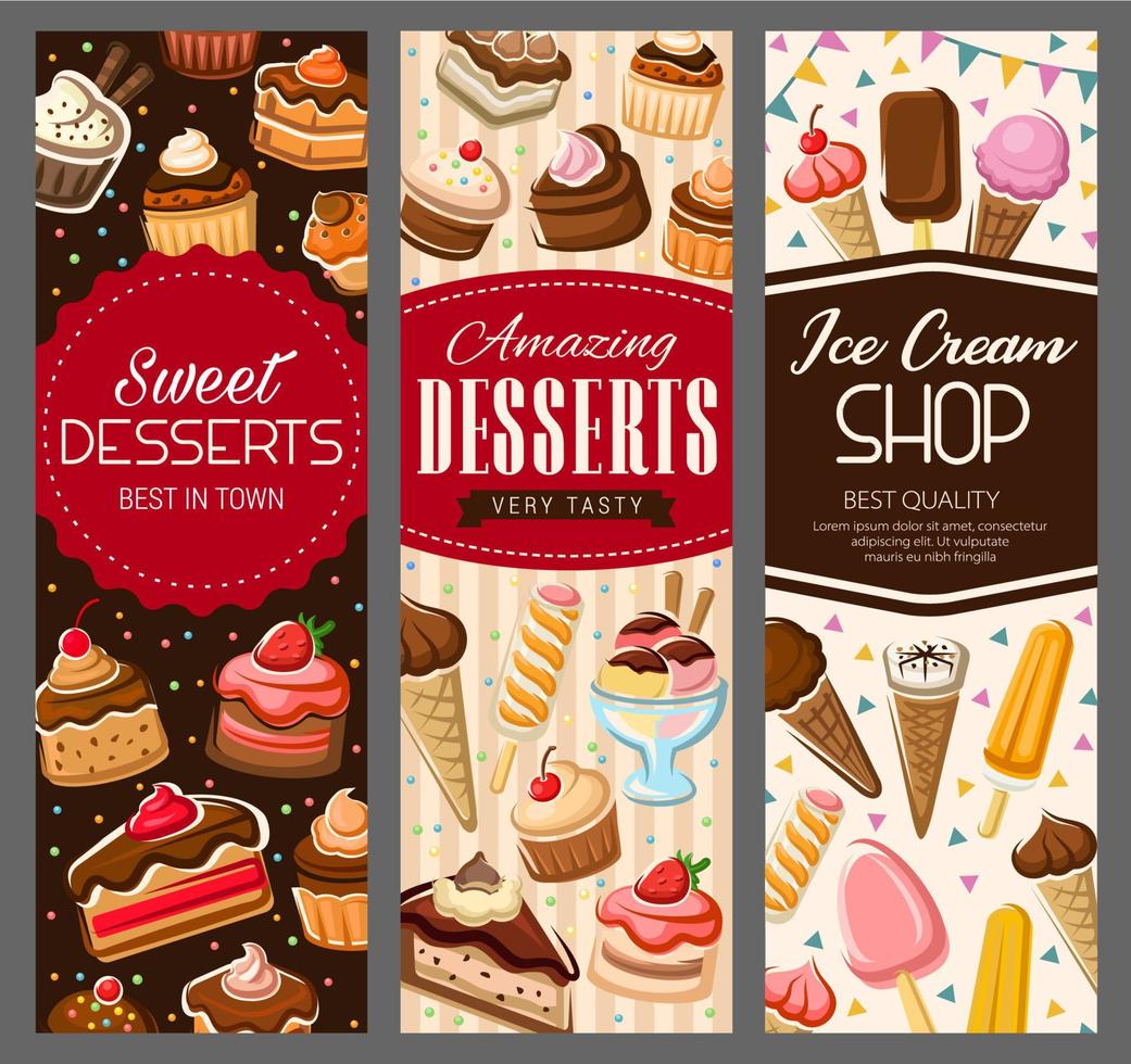 Sweet desserts, pastry cakes and bakery biscuits vector