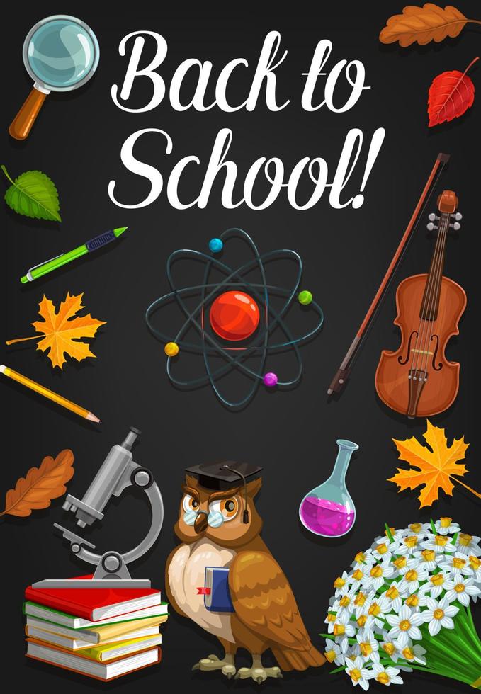 Back to school, owl in graduate cap, classes items vector
