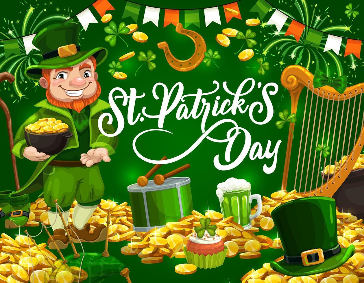 Patricks Day leprechaun with gold, shamrock, beer vector