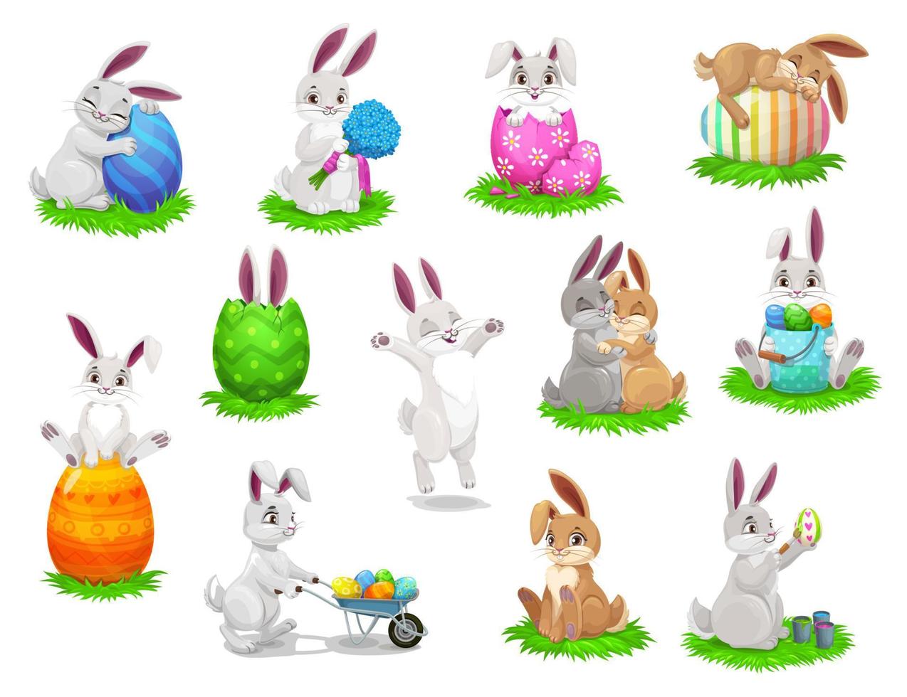 conejos de dibujos animados de pascua con huevos pintados vector