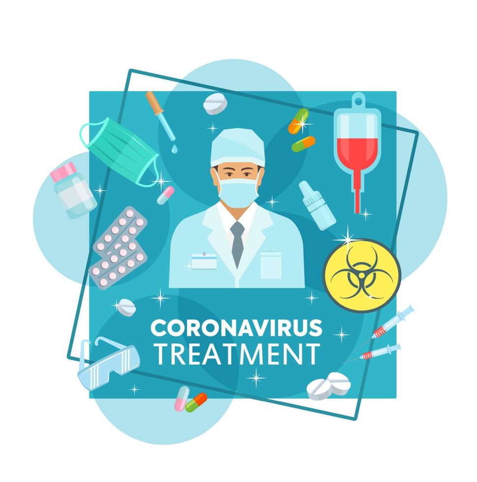 Coronavirus treatments and protection. Medicine vector
