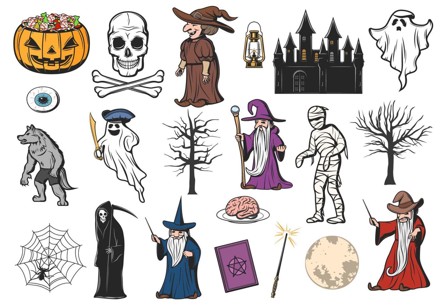 iconos de fantasmas, brujas, momias y calabazas de halloween vector