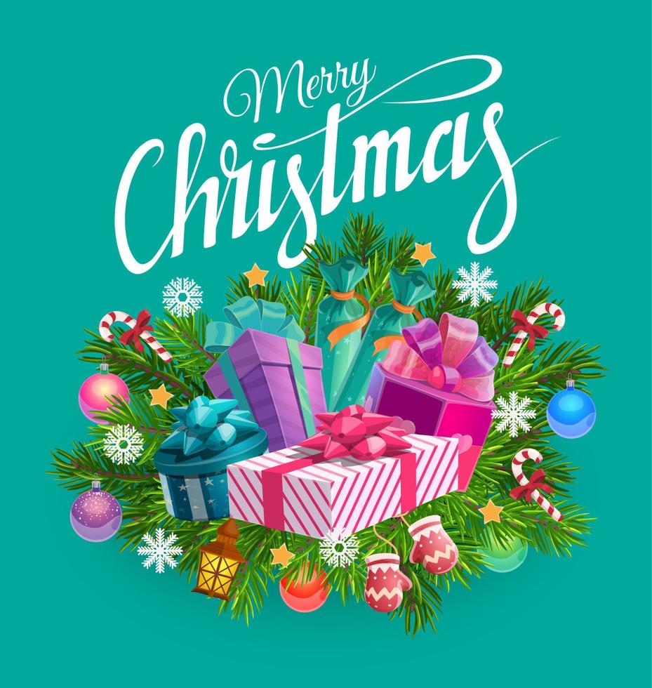 Christmas gifts, presents and Xmas tree branches vector