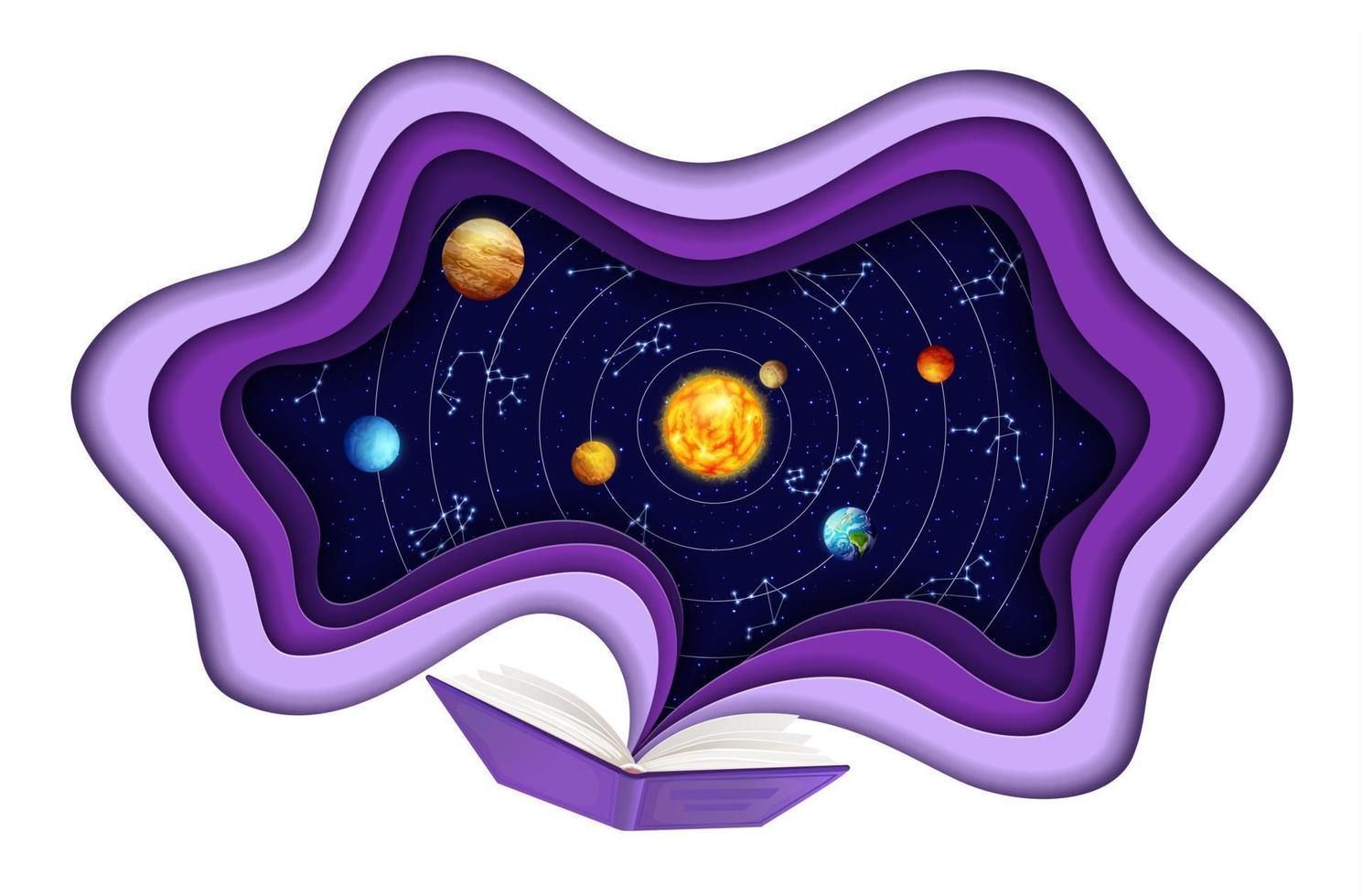 Space paper cut book and zodiac constellations vector