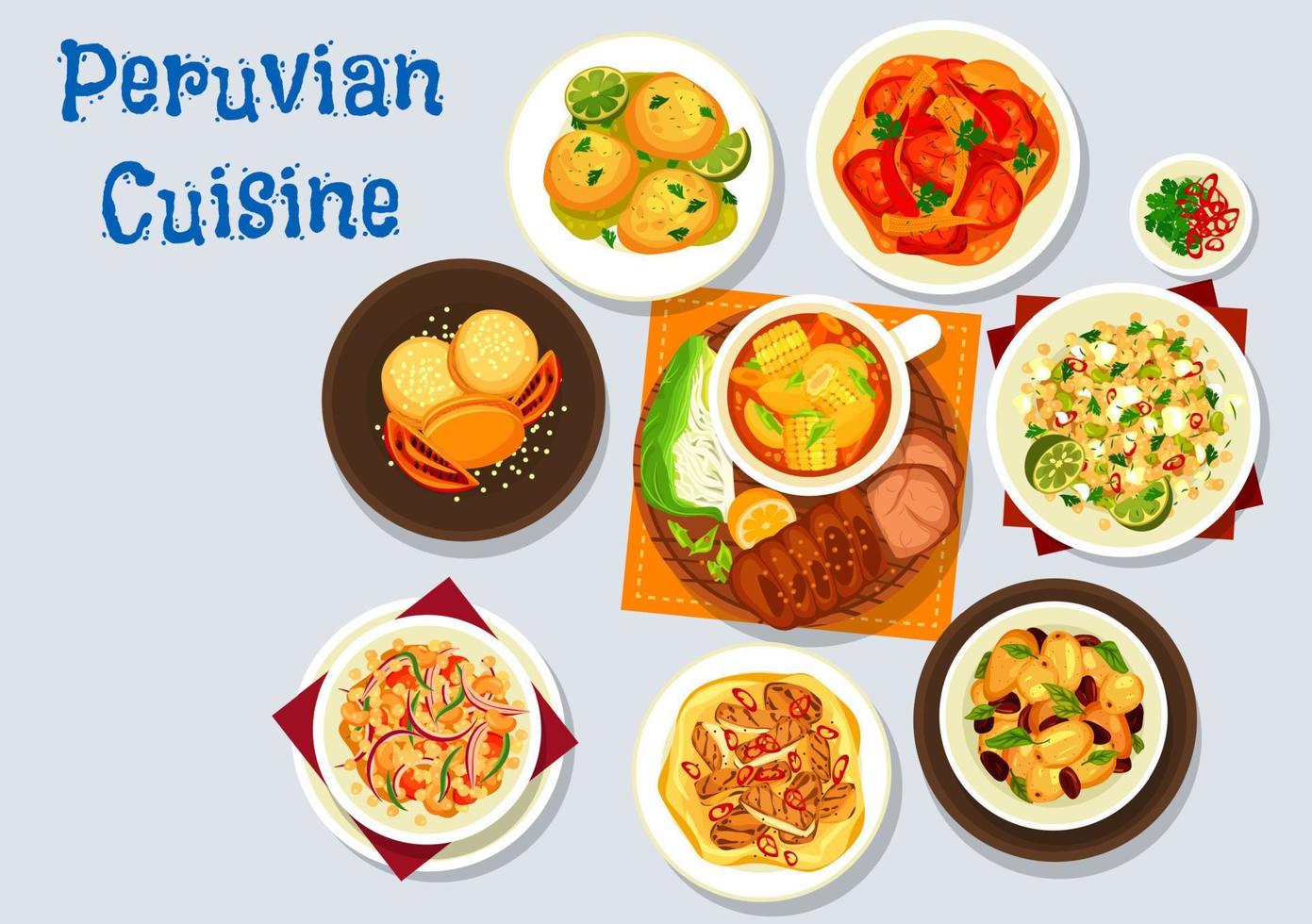 Peruvian meat and vegetable dishes with cookies vector