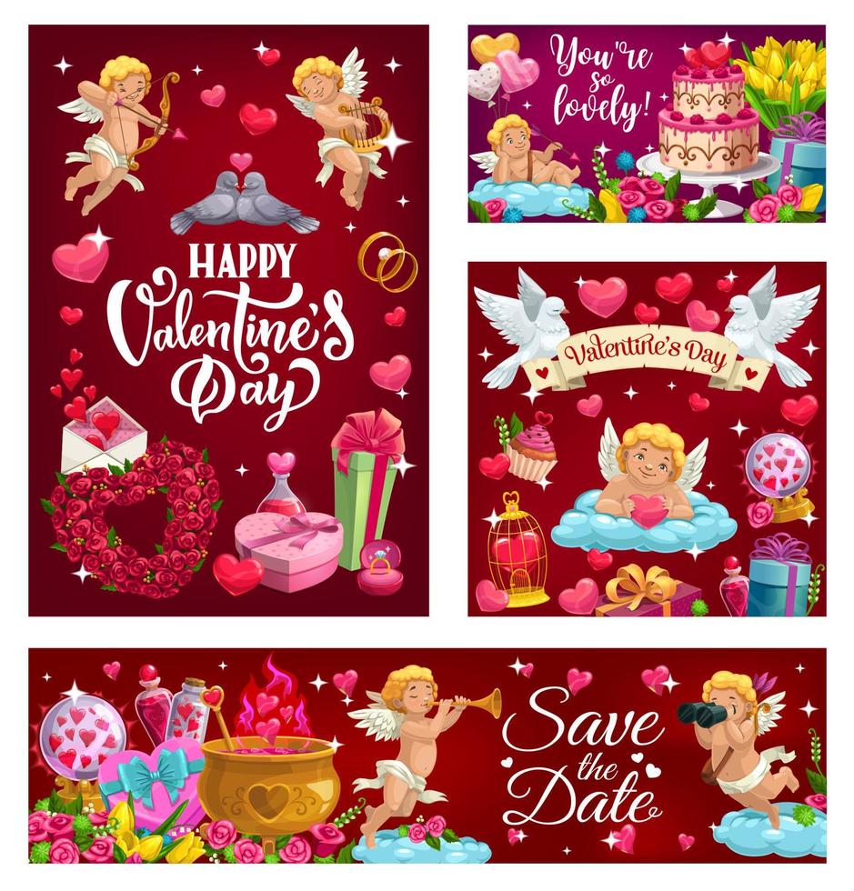 Save the Date, vector Happy Valentines Day cards