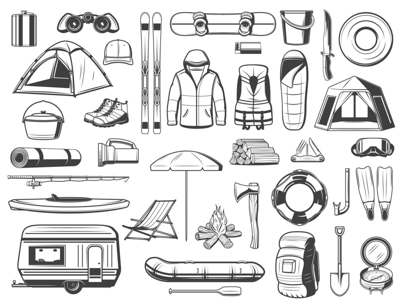Travel and tourism equipment isolated vector icons