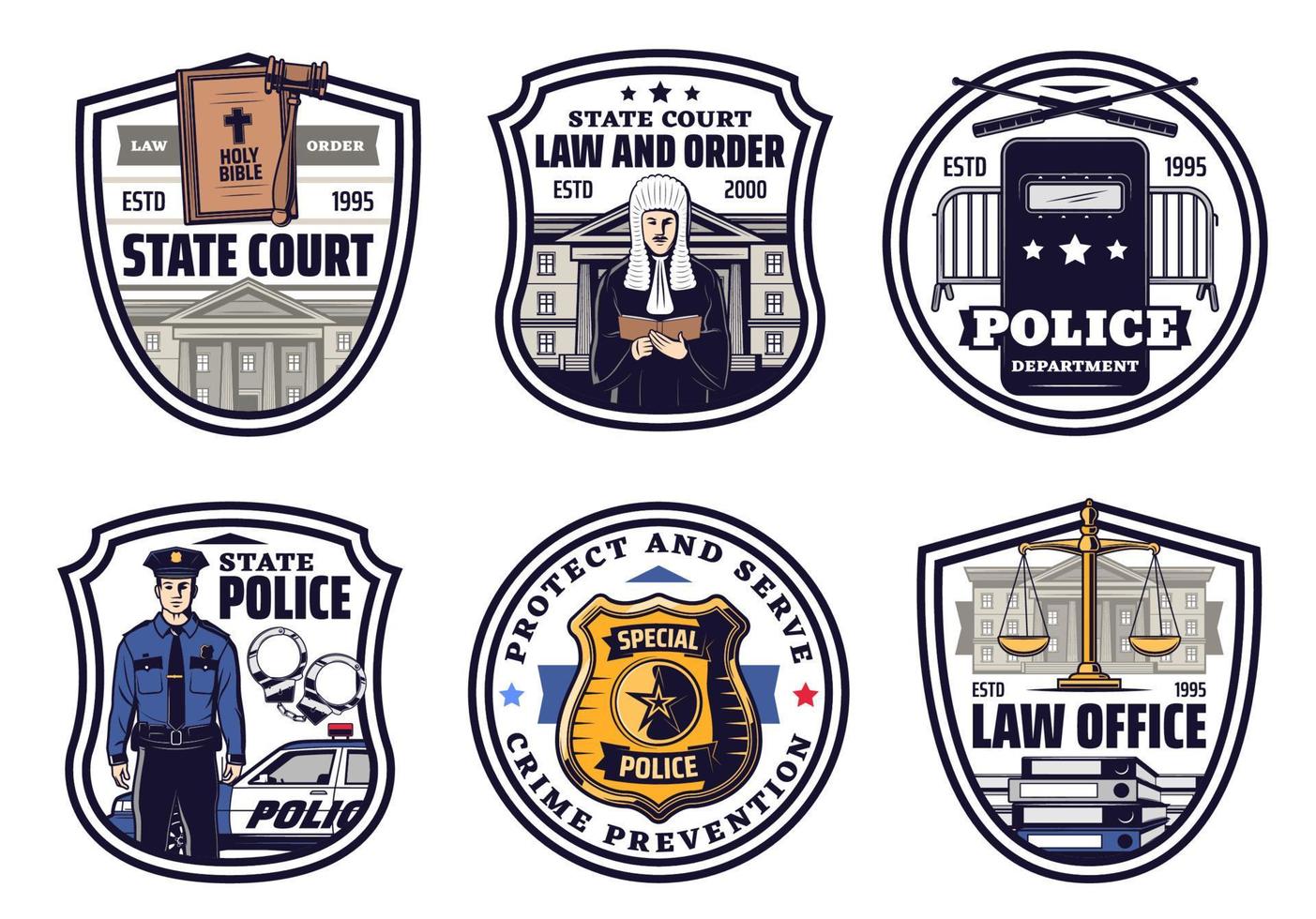Court, judge, police and justice scale icons vector