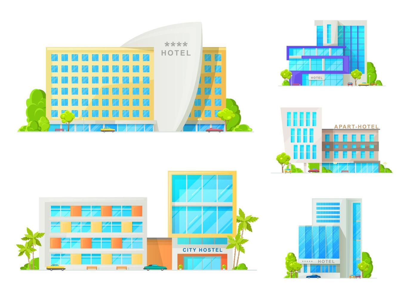 Hotel buildings with trees and cars isolated icons vector