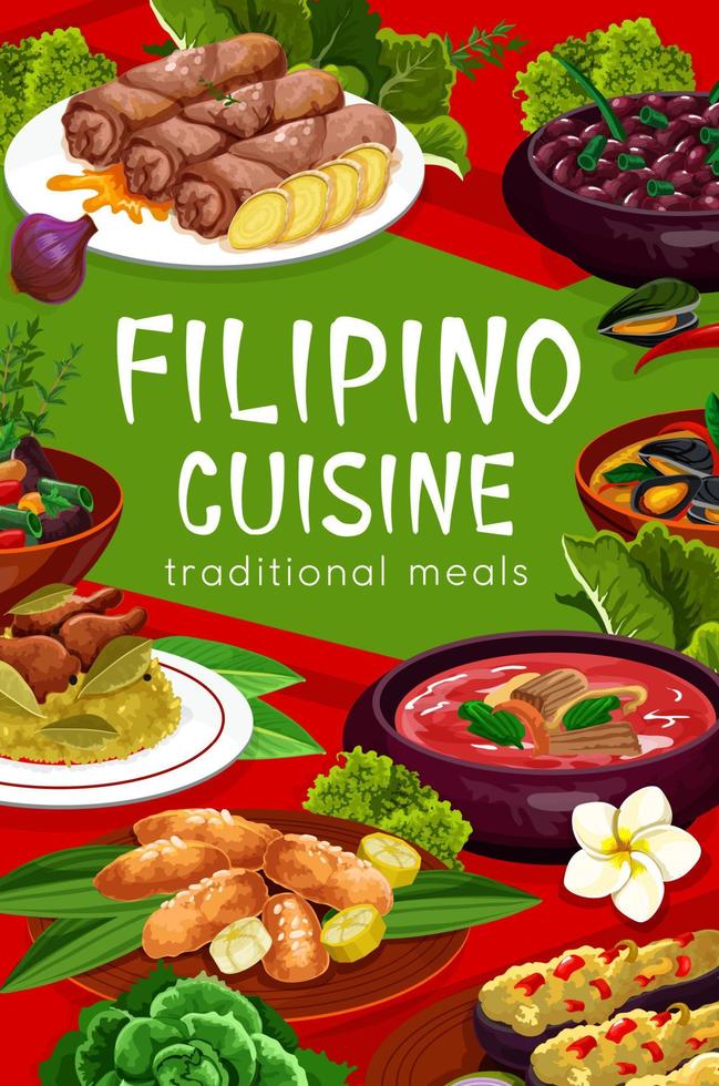 Filipino cuisine meal vector poster, dishes