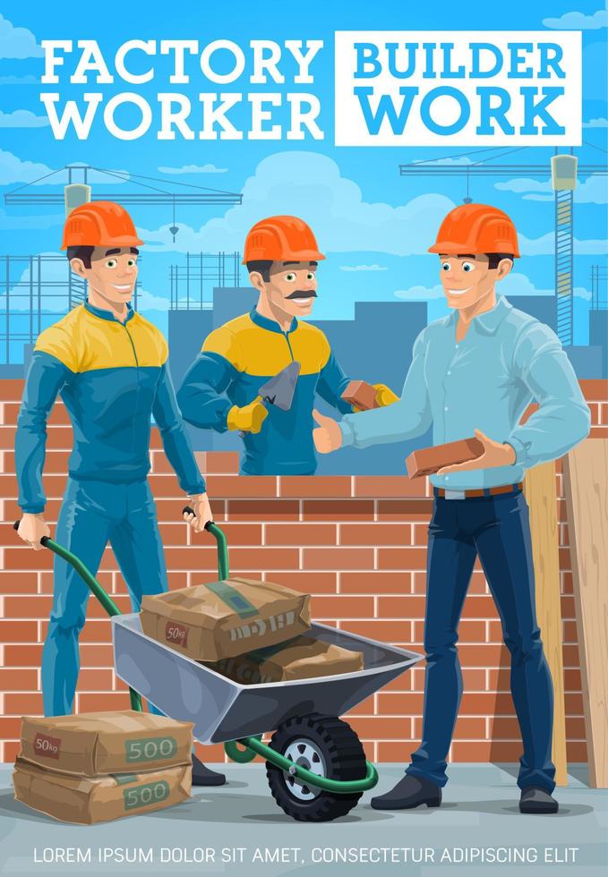 Masons or bricklayers with brick wall and trowels vector