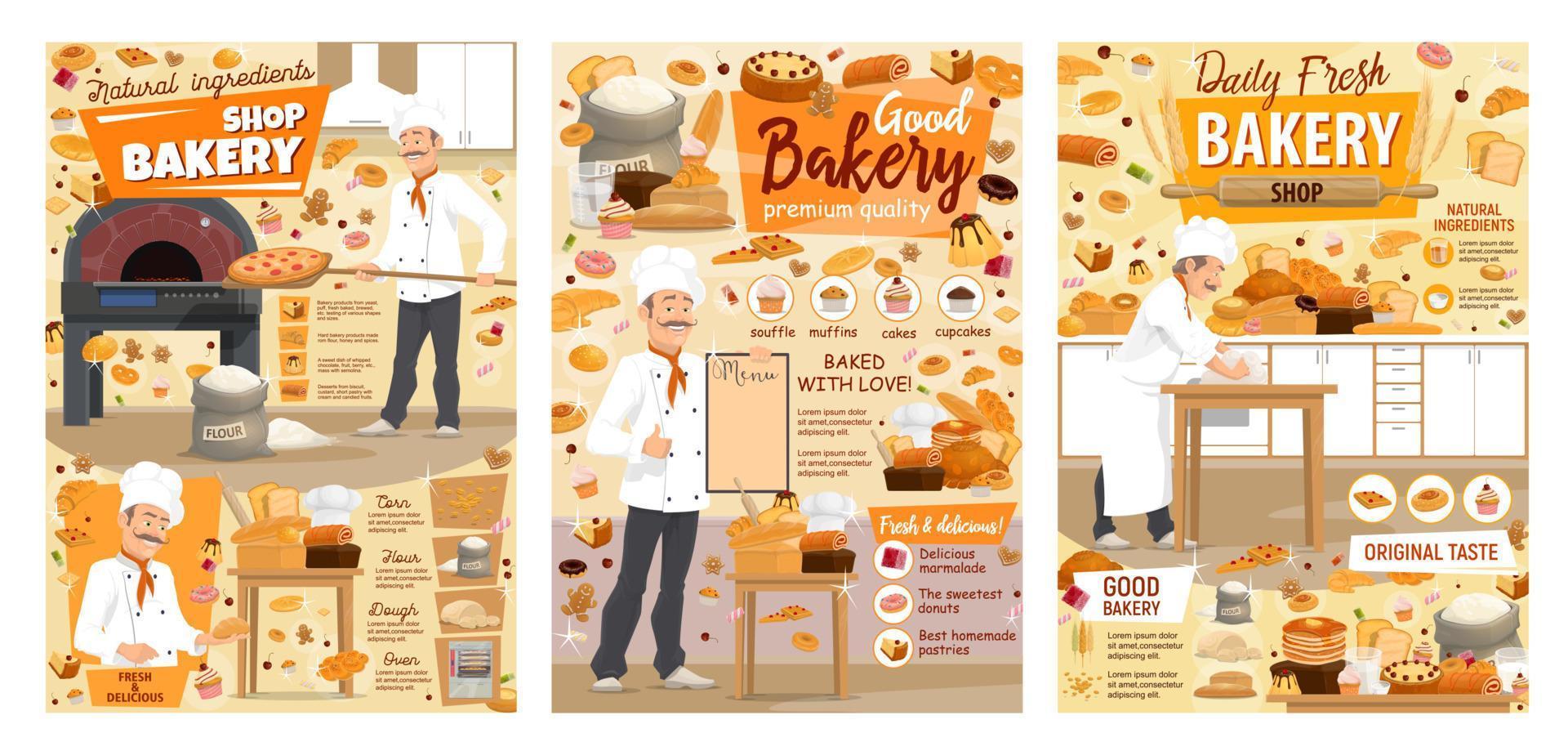 Bakery pastry sweets, baker shop desserts menu vector