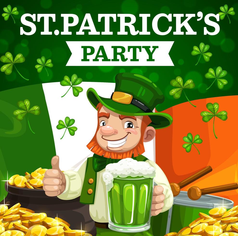 St Patrick shamrock, Irish green beer, leprechaun vector