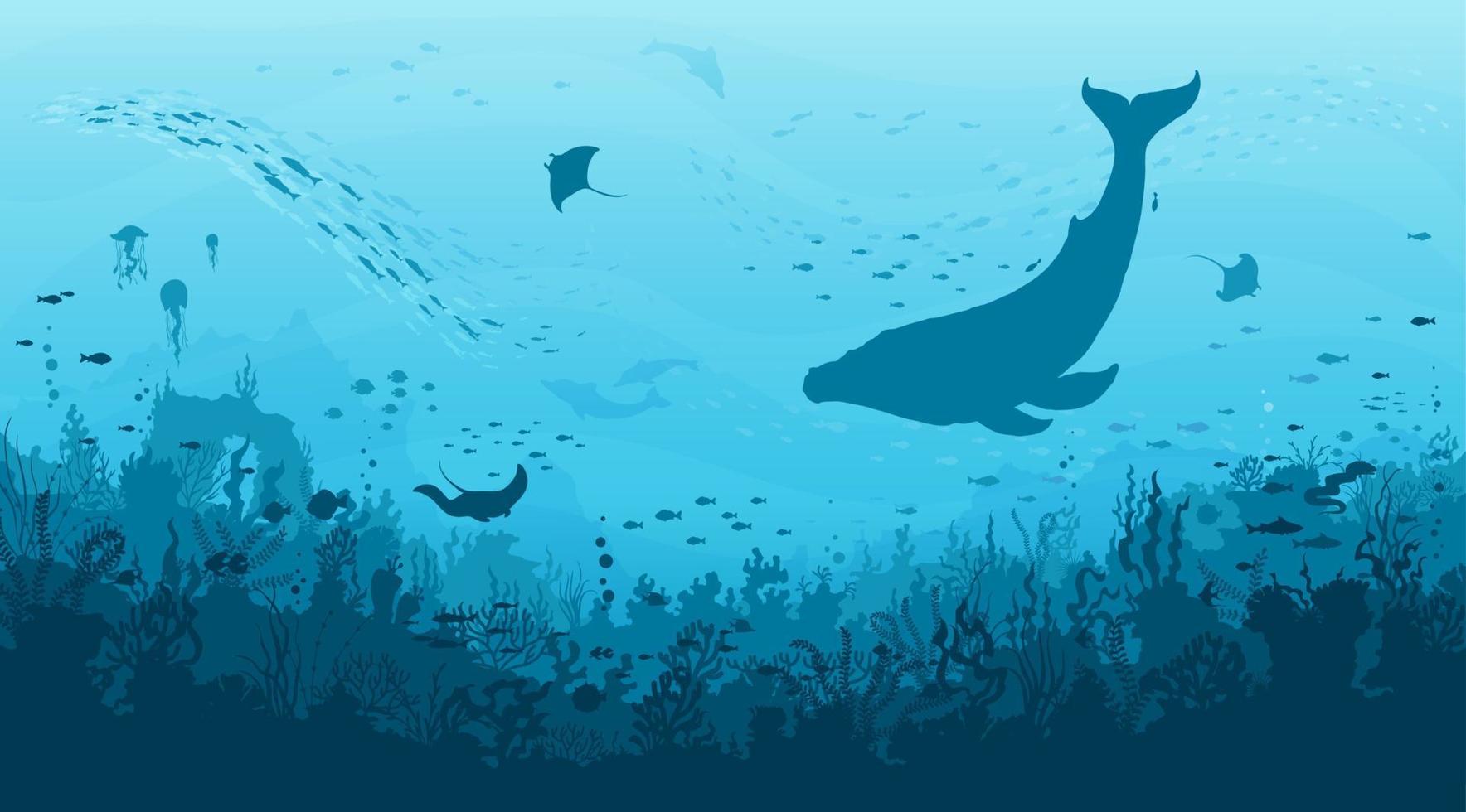 Underwater landscape, sperm whale, fish shoal vector