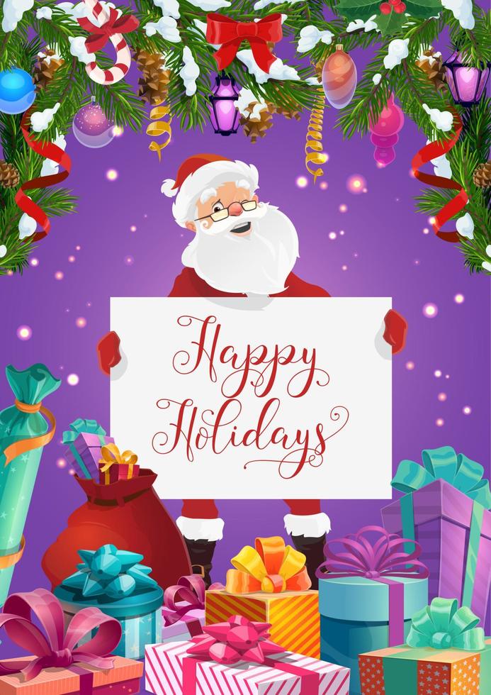 Santa with greeting signboard and Christmas gifts vector