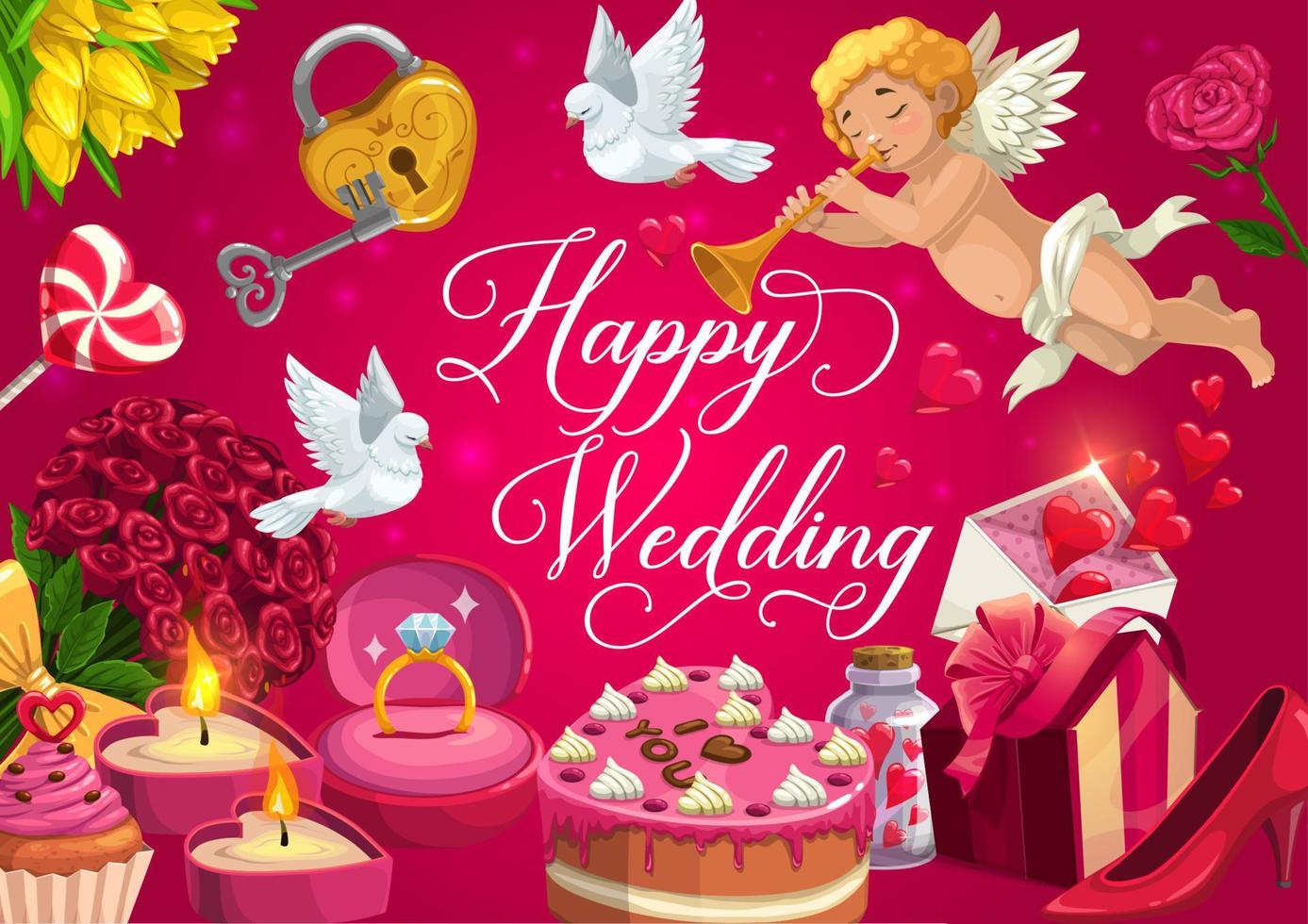 Happy wedding, marriage gifts, cake and hearts vector