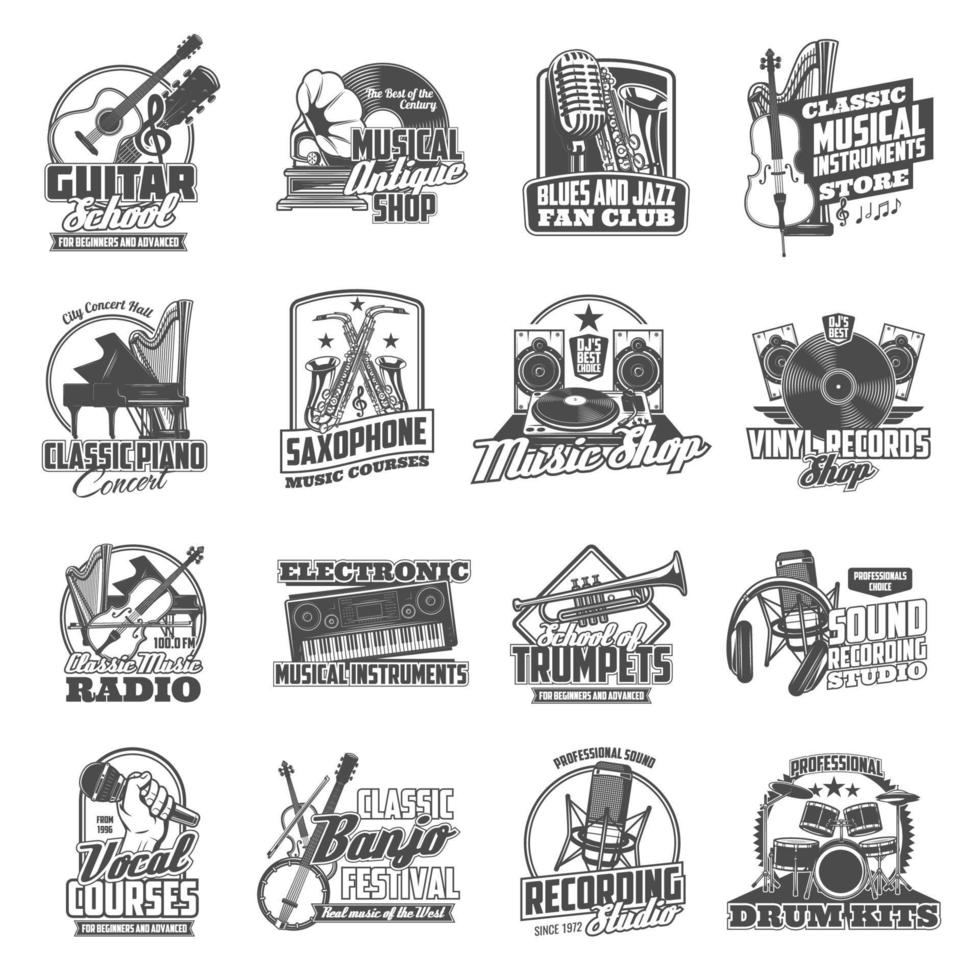 Musical instruments and equipment icons vector