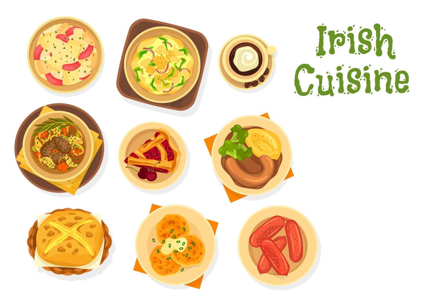 Irish food of meat and veggies, bread, cherry pie vector